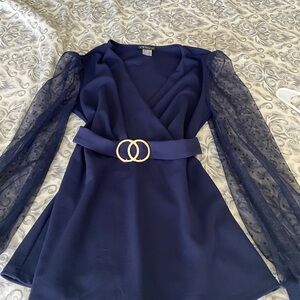 VENUS Navy Dress with Sheer Lace Sleeves